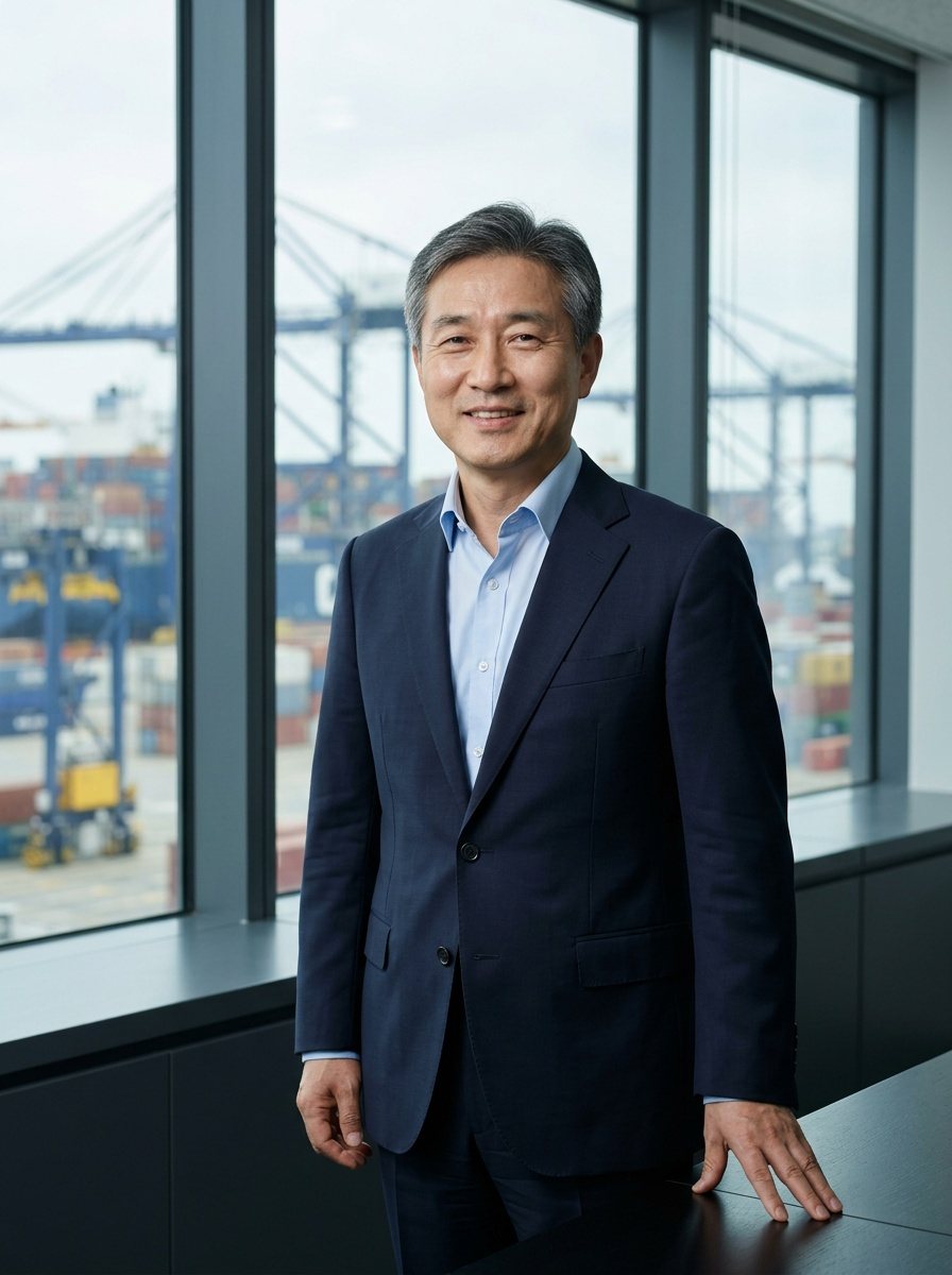 항만이 보이는 창가에 선 대표이사